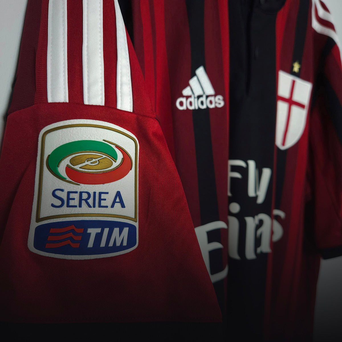 Close-up of a Serie A league patch on an AC Milan football shirt
